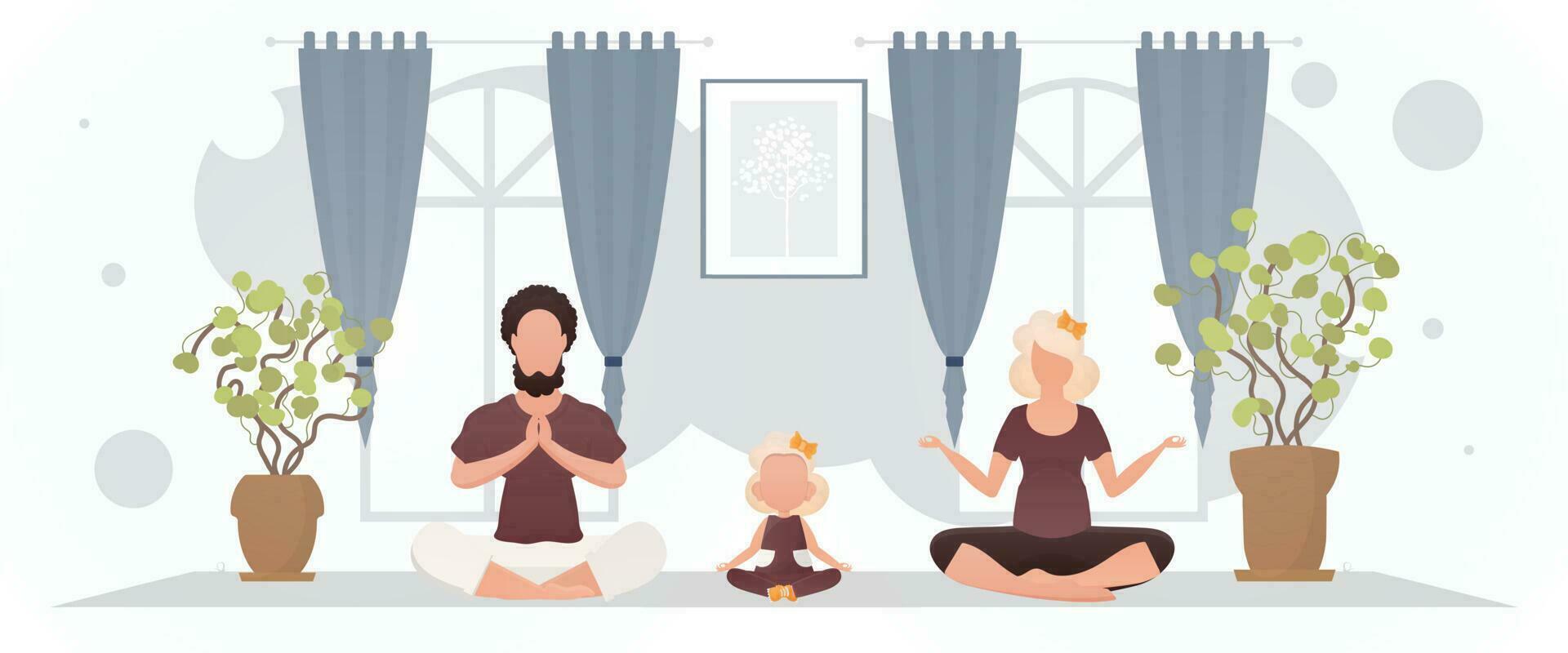 A man with a woman and a little girl are doing meditation in the lotus position in the room. Yoga. Cartoon style. vector