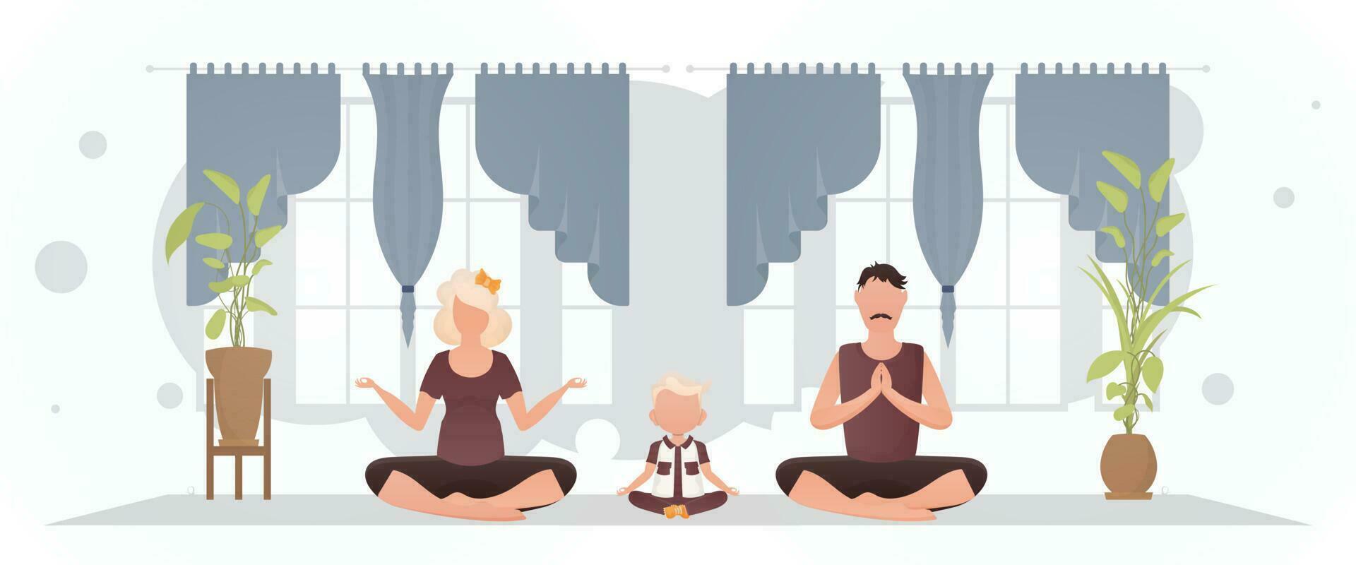 A man and a woman with a little boy are doing yoga in the room. Meditation. Cartoon style. vector