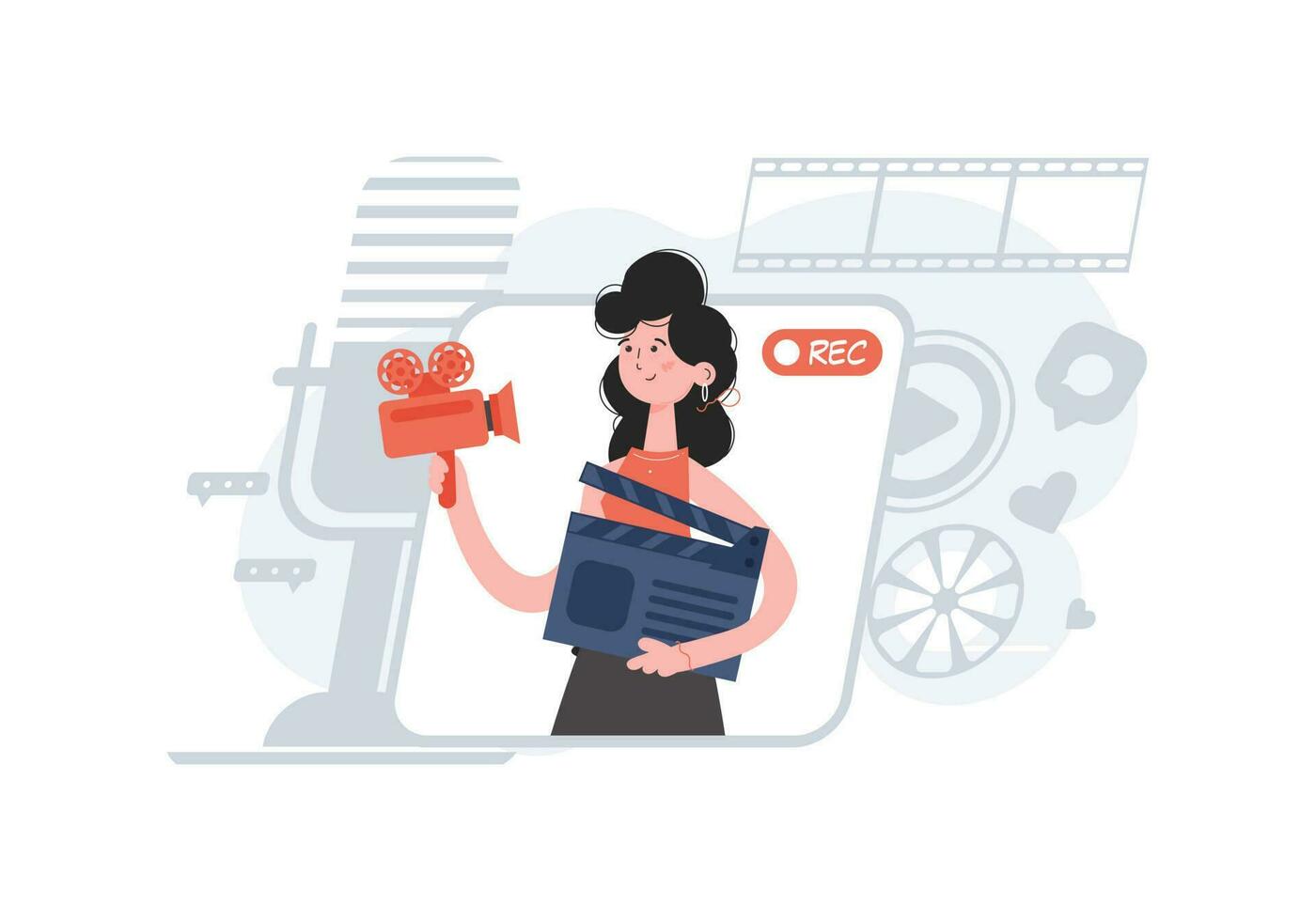 A woman is waist-deep, holding a movie clapperboard and a video camera. Blogging. Element for presentations, sites. vector
