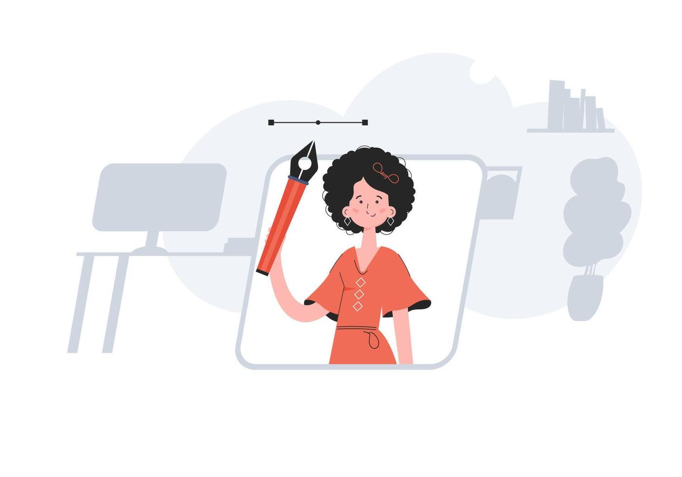 A woman stands waist-deep and holds a pen tool in her hands. Design. Element for presentations, sites. vector