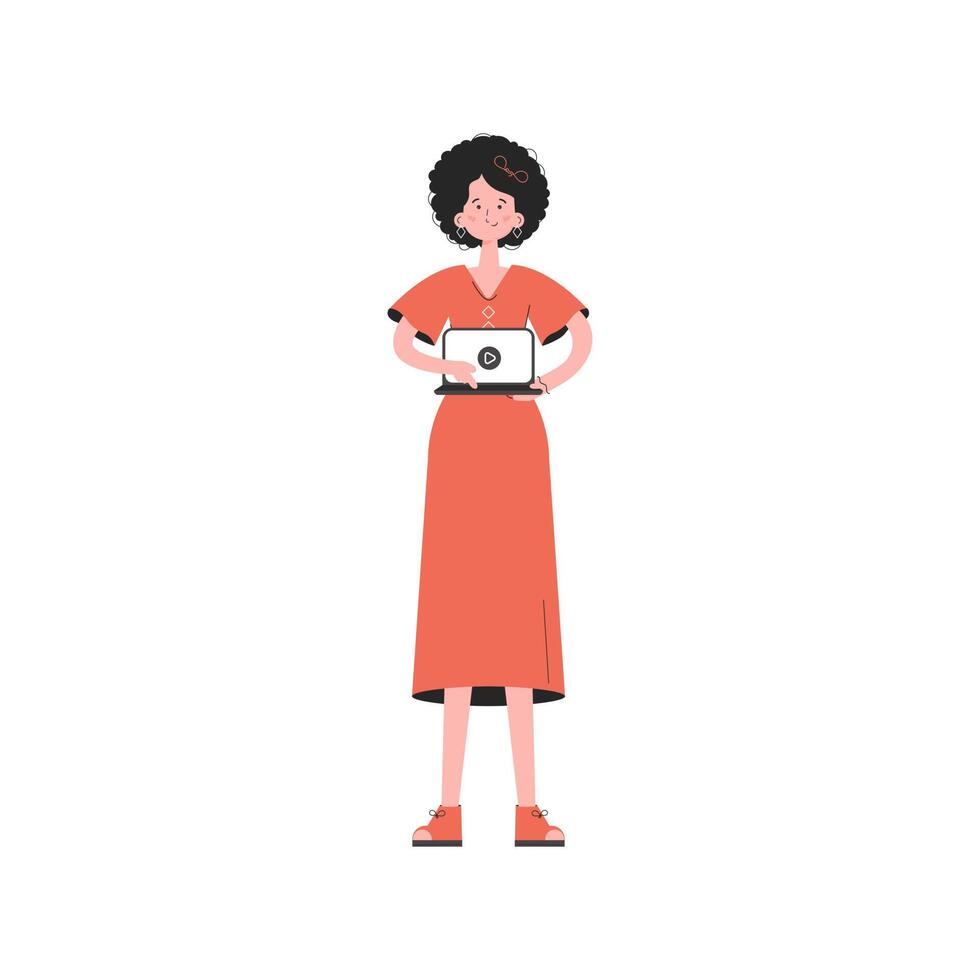 A woman is standing in full growth holding a computer in her hands. Isolated. Element for presentations, sites. vector