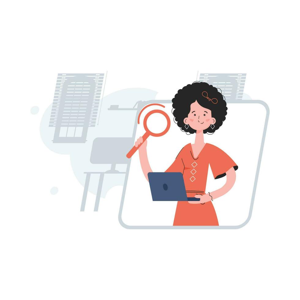 The girl is waist-deep holding a computer and a magnifying glass. Search. Element for presentations, sites. vector