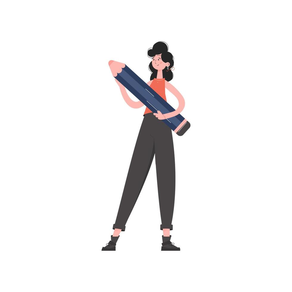 Creative woman stands in full growth holds a large pencil. Isolated. Element for presentations, sites. vector