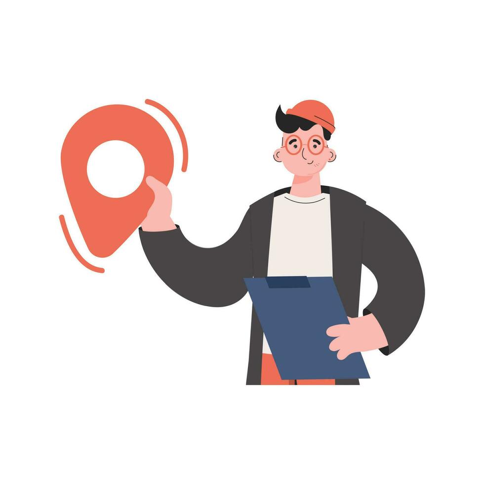 A man stands waist-deep and holds a geolocation icon in his hands. Isolated. Element for presentations, sites. vector