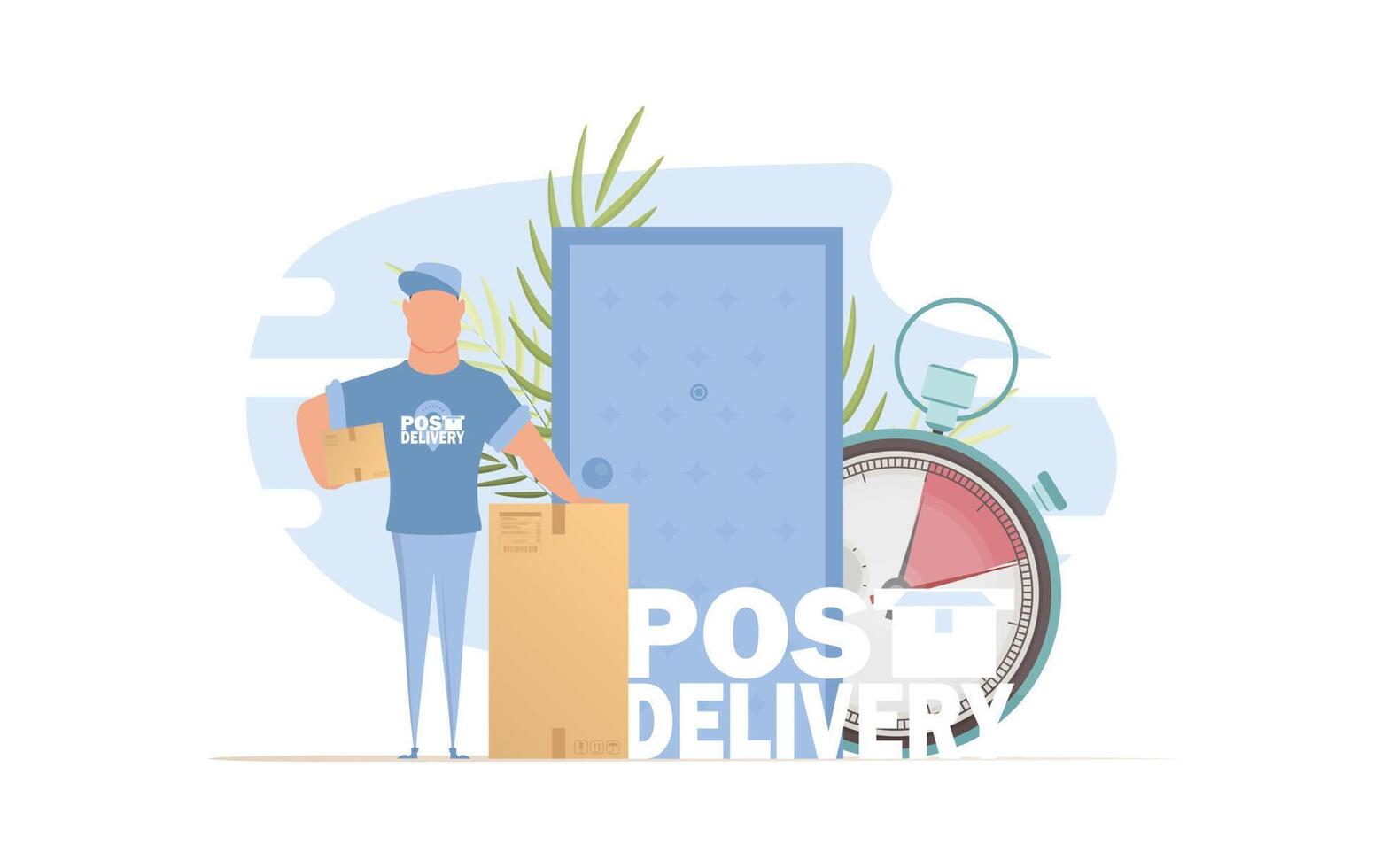 The package was delivered beneath the door by the courier. The concept of home delivery. The style is cartoonish. Illustration in format. vector