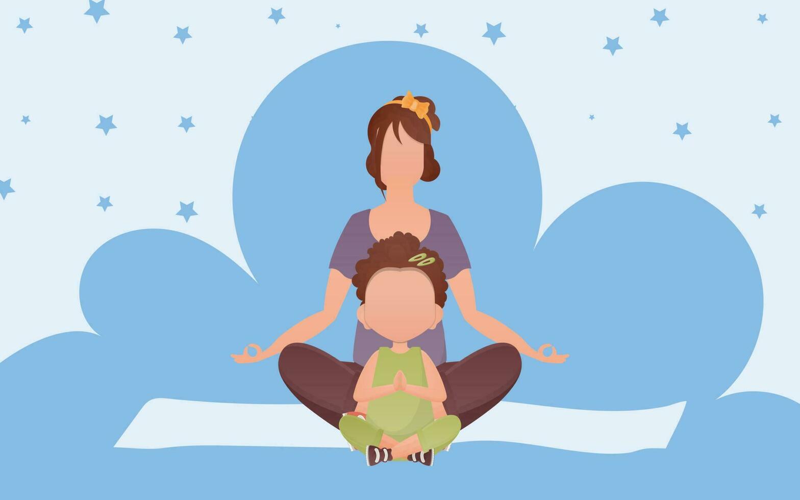 Mom and daughter sit in the lotus position. Cartoon style. Yoga concept. Vector. vector