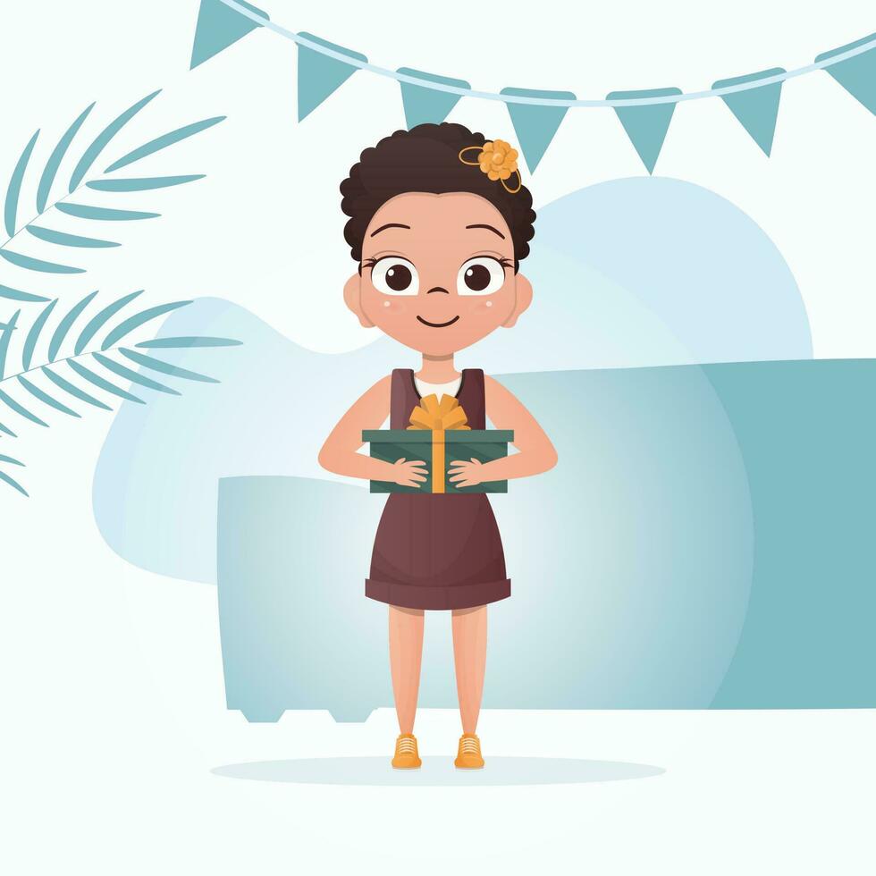 Smiling cute little girl holding a gift box with a bow in her hands. Birthday. Flat style. vector