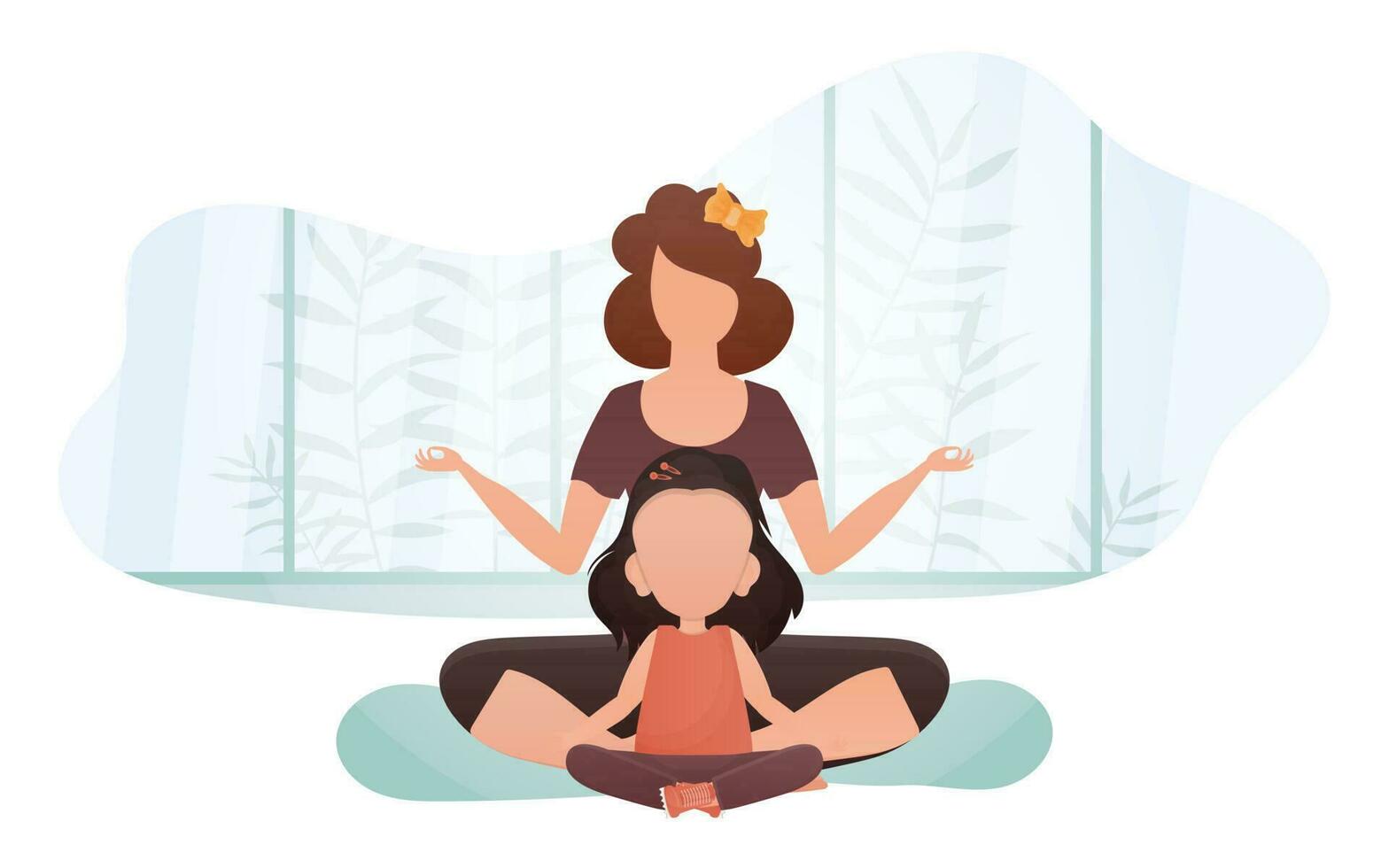Mom and daughter do yoga. Cartoon style. Yoga concept. Vector illustration.