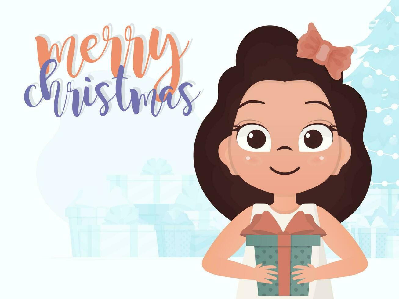 A little girl is holding a gift box in her hands. New Year banner. Cartoon style. vector