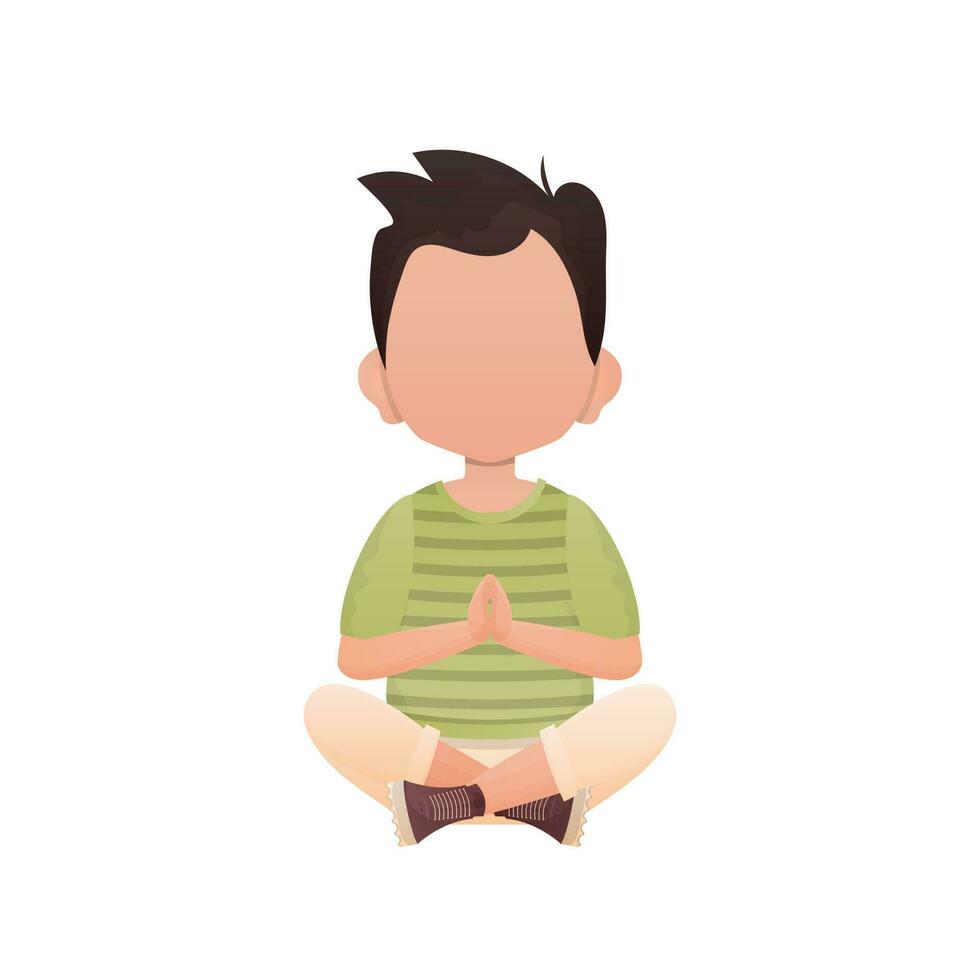 A cute preschool boy is sitting in the lotus position. Isolated. Cartoon style. vector