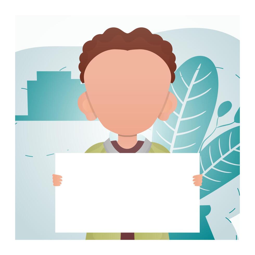 A little boy is holding a blank poster in his hands. Advertising. Cartoon style. vector