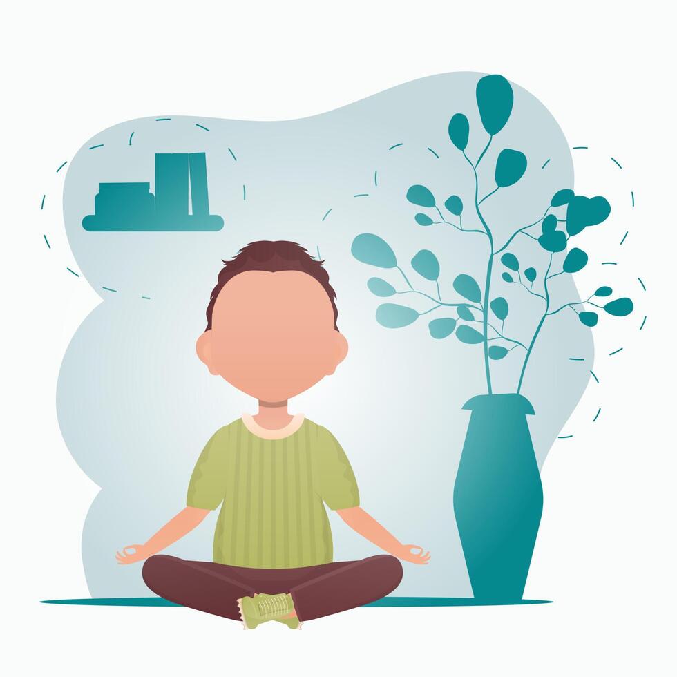 Cute little baby boy doing yoga in the room. Healthy life concept. illustration in cartoon style. vector