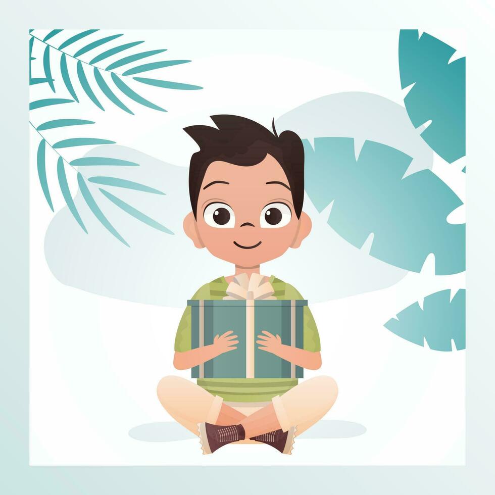 A joyful child boy sits in a lotus position and holds a gift box with a bow in his hands. Birthday, new year or holidays theme. Vector illustration in cartoon style.