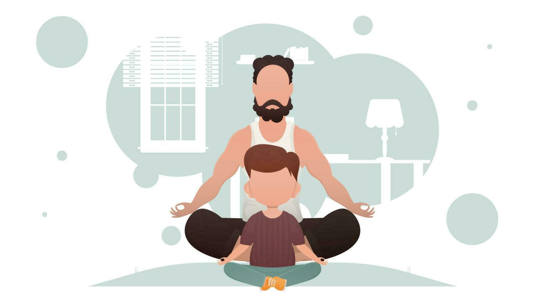 Dad and son are sitting meditating in the lotus position. Meditation. Cartoon style. vector