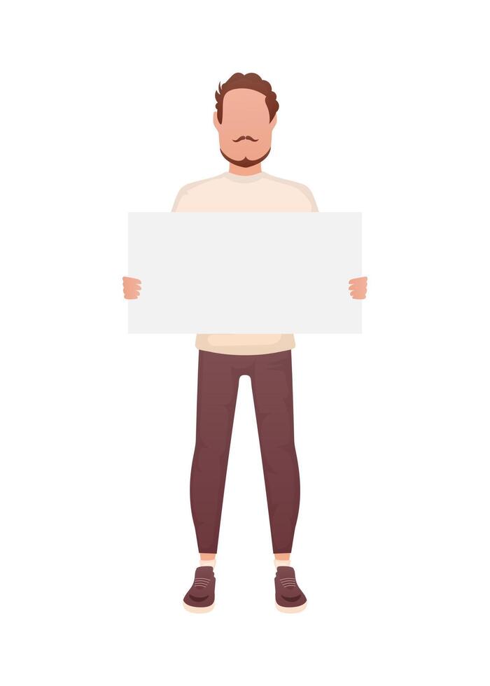 A man is in full growth and holds an empty banner in his hands. Isolated. Cartoon style. vector