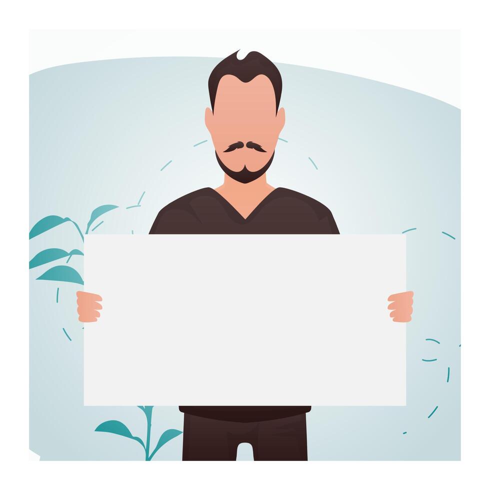 A man of athletic build in the room stands waist-deep and holds an empty banner in his hands. Place for your advertisement. Cartoon style. vector