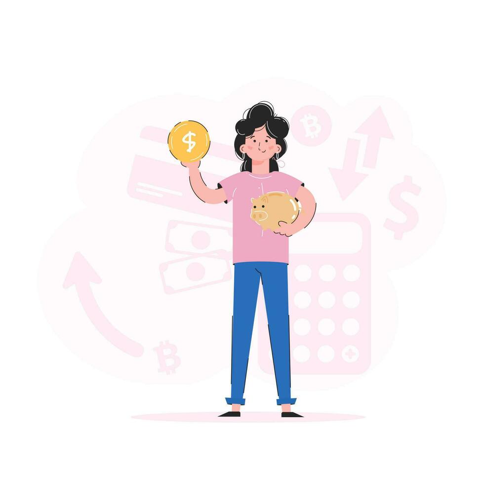 A girl in full growth holds a piggy bank and a coin. Trend illustration. Good for apps, presentations and websites. Vector. vector