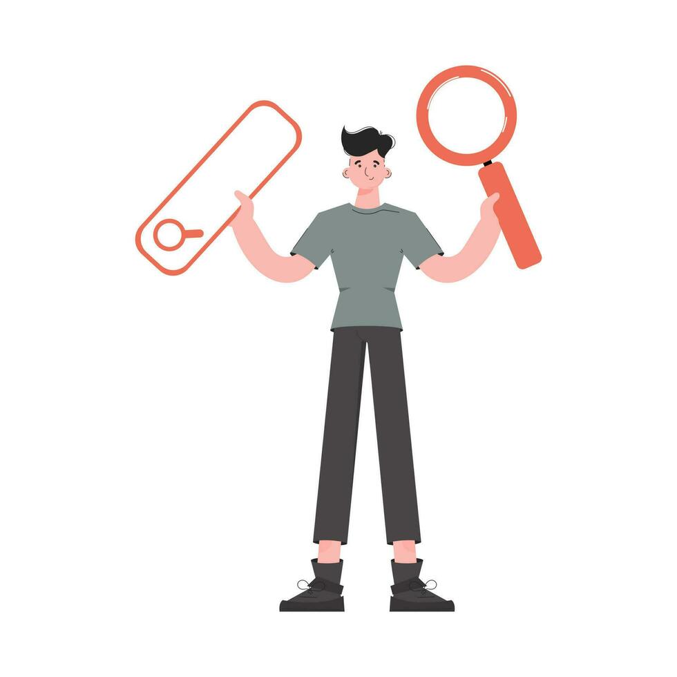 A man stands in full growth holding a web search bar and a magnifying glass. Isolated. Element for presentations, sites. vector