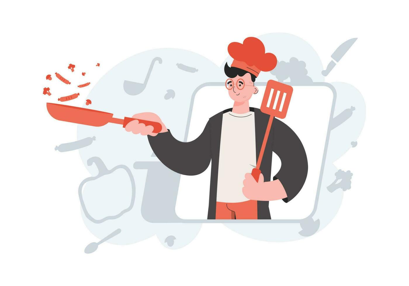 A man stands waist-deep and holds a shovel in his hands. Cafe. Element for presentations, sites. vector