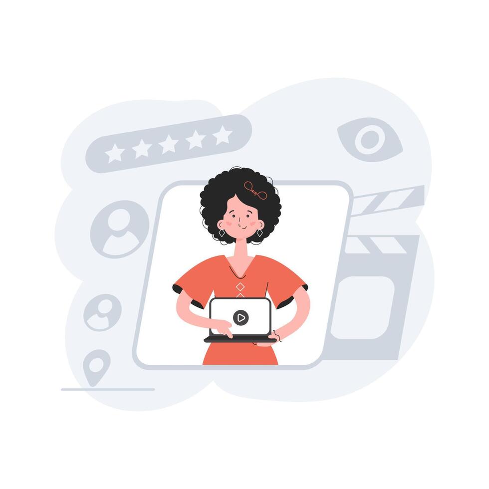 A woman stands up to her waist turns on the video on a laptop. Video presentation. Element for presentations, sites. vector