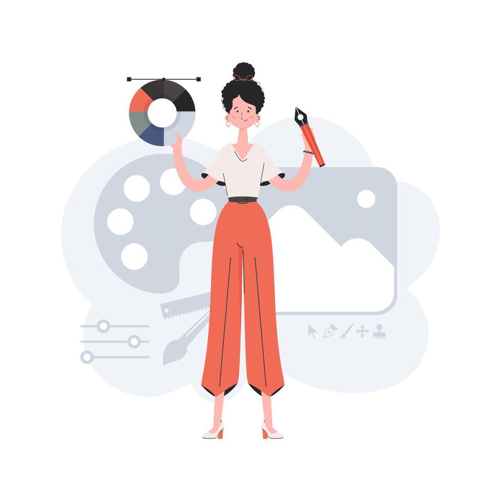 A woman stands in full growth and holds a color palette in her hands. Creation. Element for presentations, sites. vector