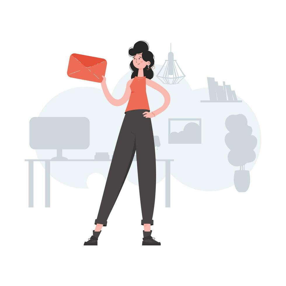 A woman stands to her full height in a room and holds an envelope in her hands. Communications. Element for presentations, sites. vector
