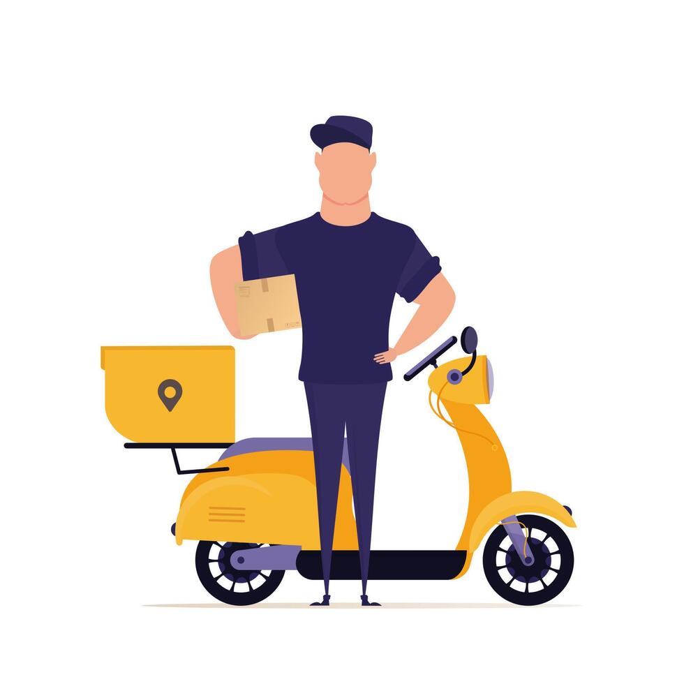 A male courier stands near a scooter and holds a box. Delivery concept. Isolated on a white background. illustration. vector
