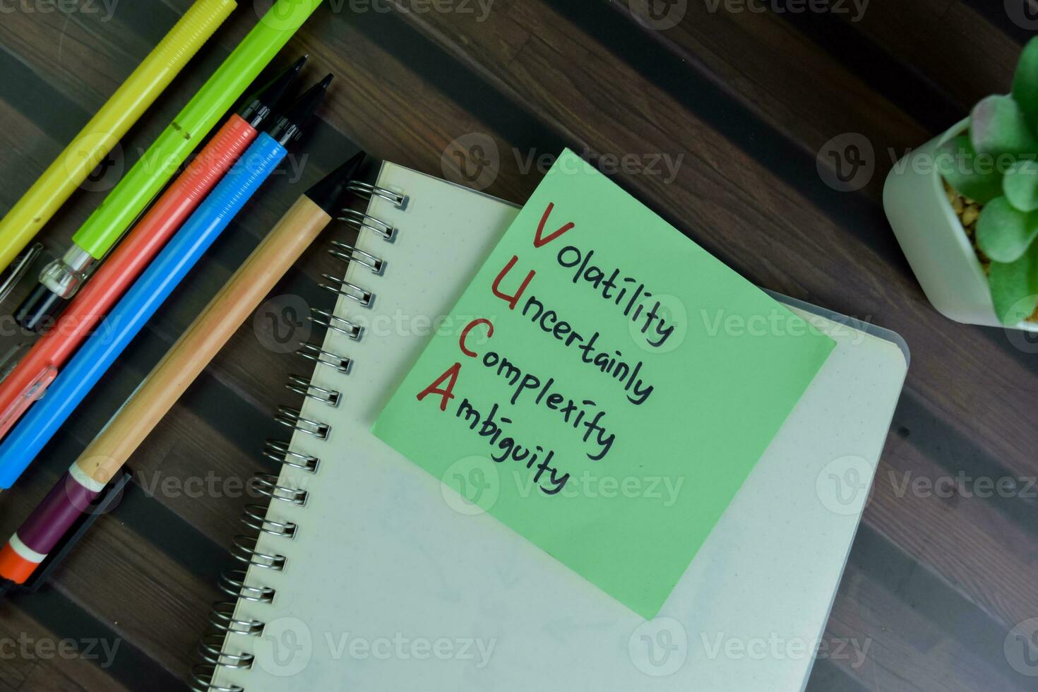 VUCA - Volatility Uncertainly Complexity Ambiguity write on sticky notes isolated on Wooden Table. photo