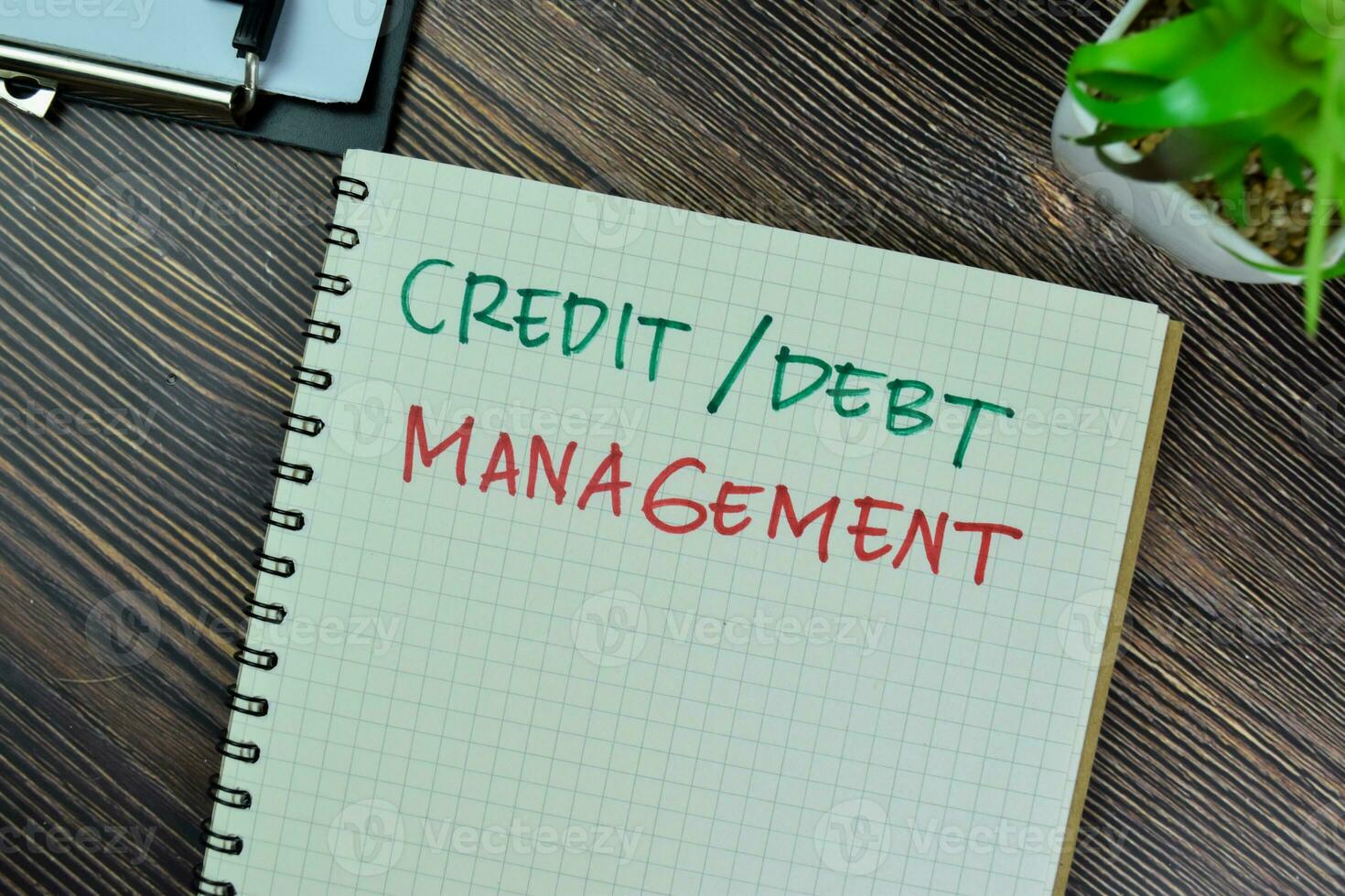 Concept of Credit or Debt Management write on a book isolated on Wooden Table. photo