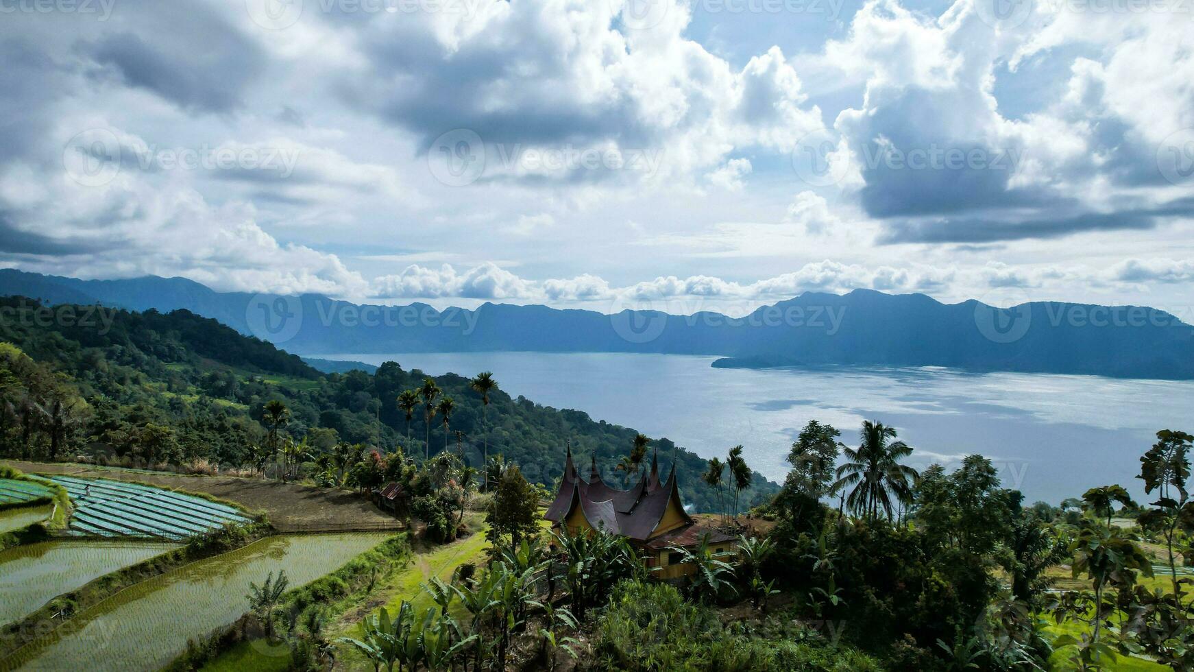 Aerial view of panorama of Maninjau Lake West Sumatra, Danau maninjau. sumatra, Indonesia, January 24, 2023 photo