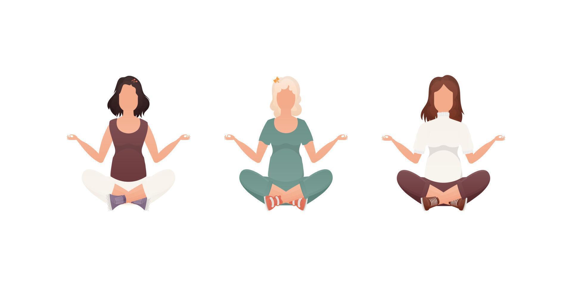 Set of Women Sits in the lotus position. Isolated on white background. illustration in cartoon style. vector