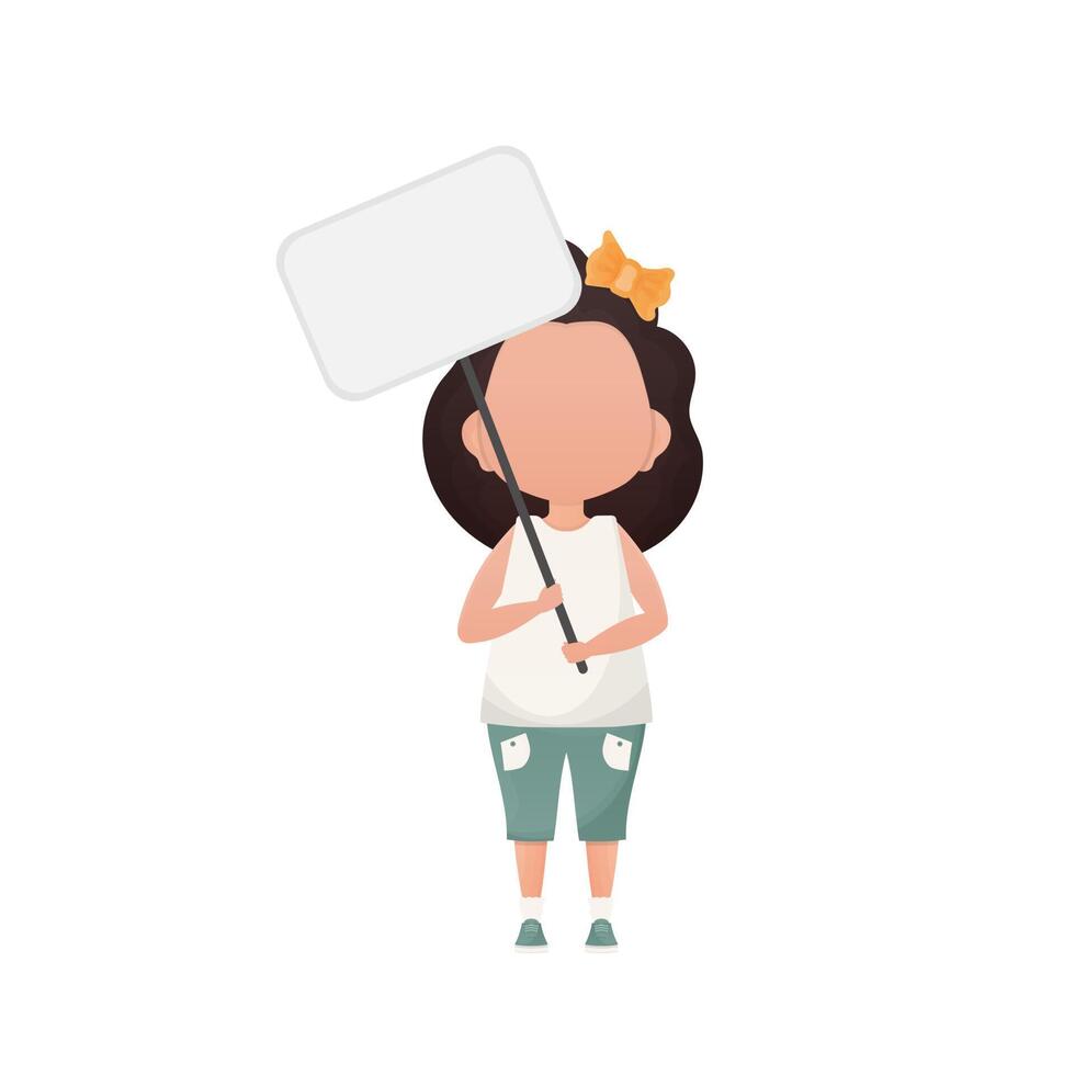 Cute little girl with blank banner and space for your text. Design in cartoon style. . vector