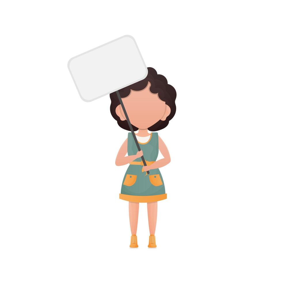 Cute little girl with blank banner and space for your text. Design in cartoon style. illustration. vector