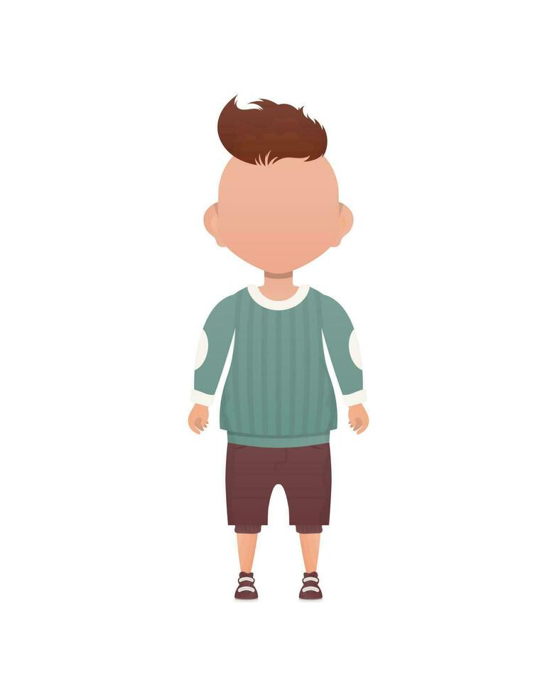 Dark-haired little boy, preschool age in a sweater and shorts. Isolated. Cartoon style. Vector illustration.