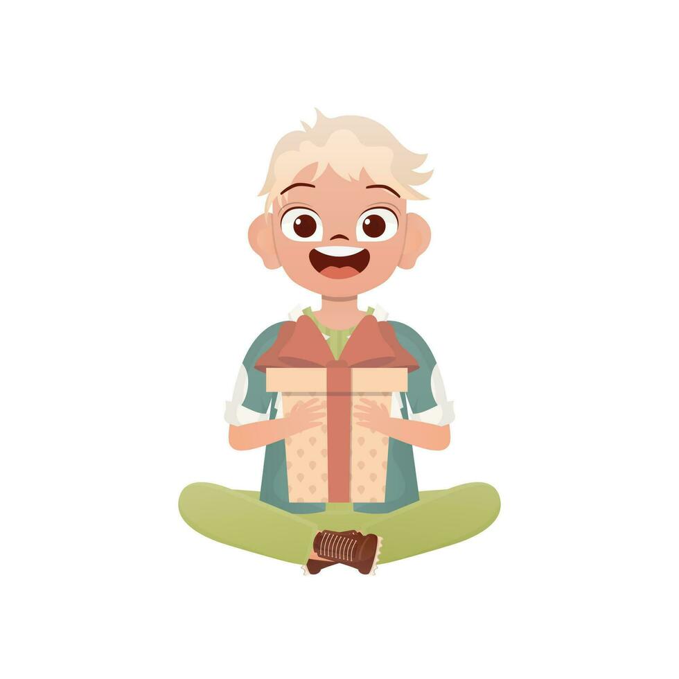 A small boy child is depicted in the lotus position and holding a gift in his hands. Birthday, New Year or holidays theme. Isolated. Cartoon style. vector