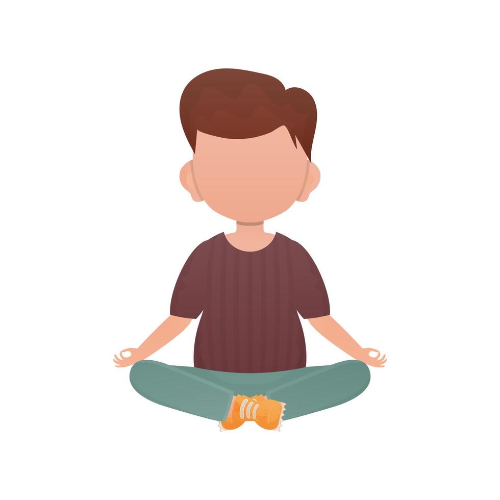The little boy is engaged in the lotus position. Isolated. Cartoon style. vector