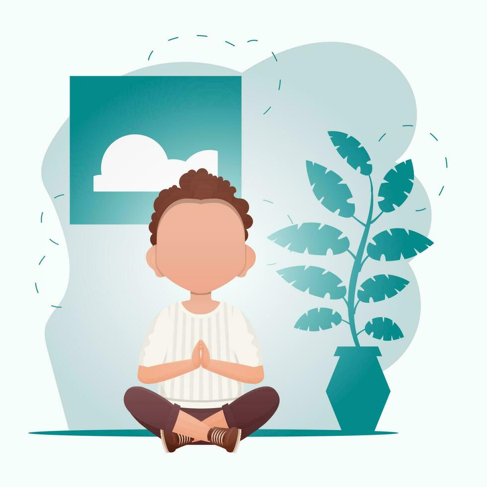 A cute little baby boy is meditating in the room. Healthy life concept. Cartoon style. Vector illustration.