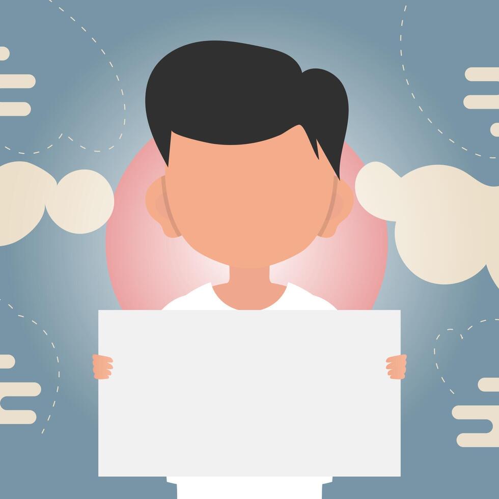 A cute little boy is holding a blank sheet of paper in his hands. Place for your logo, text or design. Cartoon style. illustration. vector