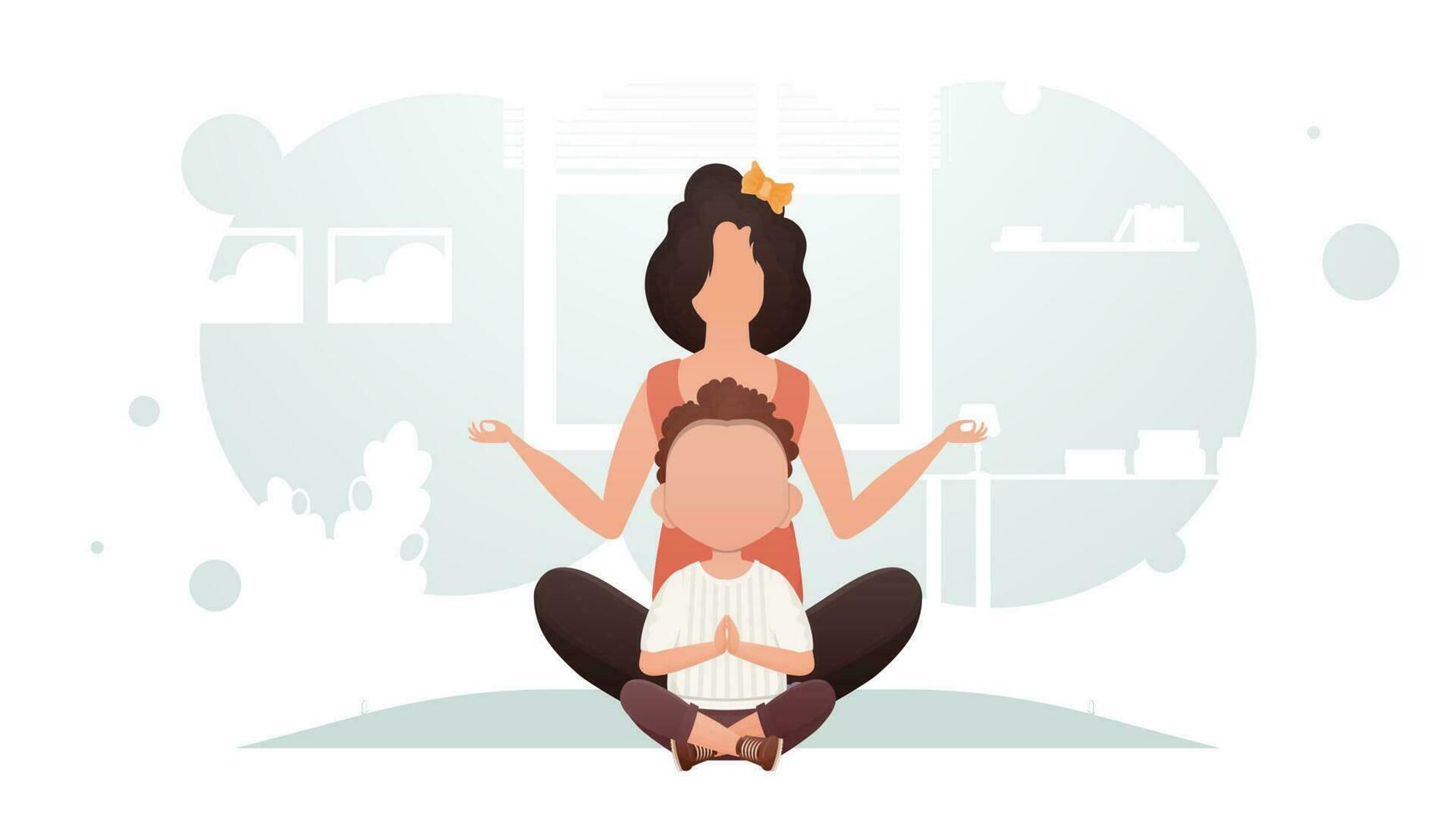 Mom and son are sitting in the room meditating. Yoga. Cartoon style. vector