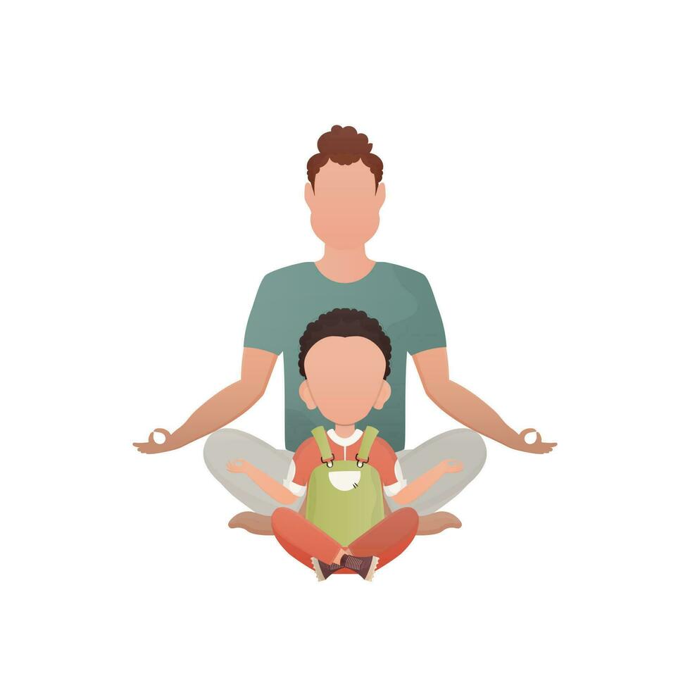 A strong man and a small boy are sitting doing meditation. Isolated. Cartoon style. vector