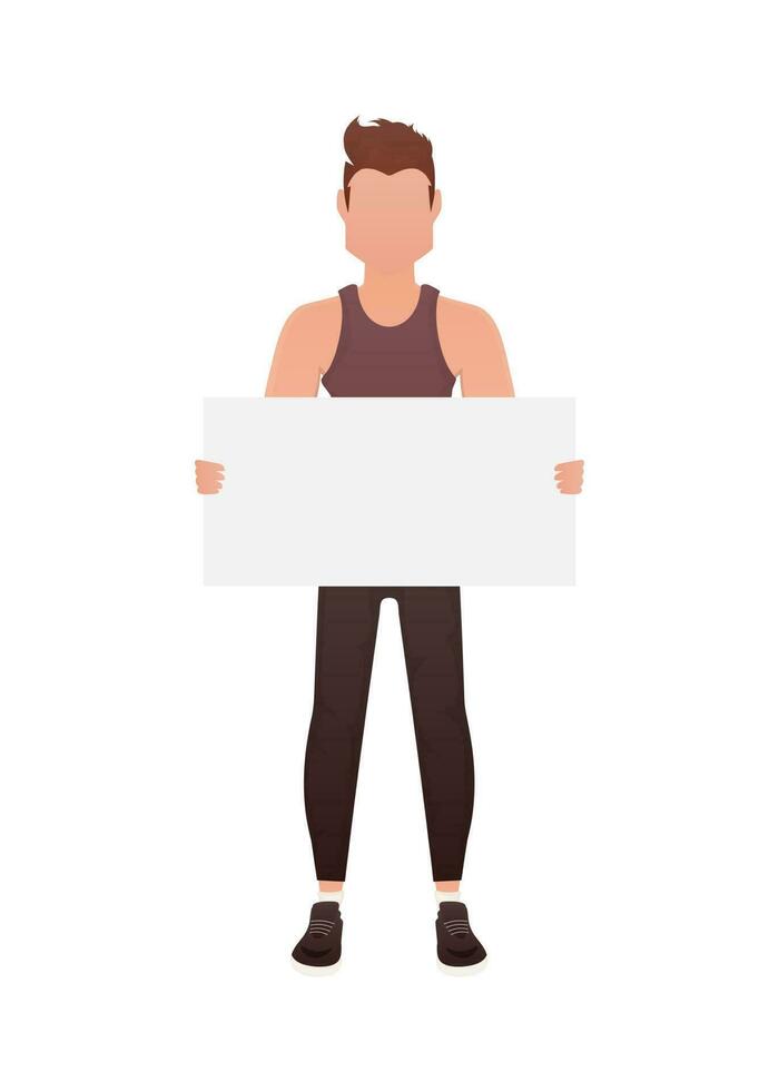 A man holds an empty banner in his hands. Isolated. Cartoon style. vector