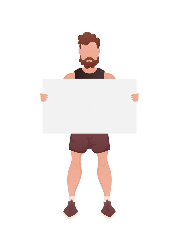 A man of athletic build stands in full growth and holds a blank sheet in his hands. Isolated. Cartoon style. vector