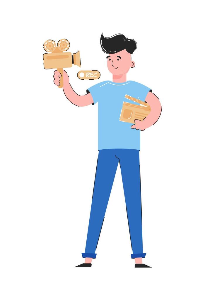 The guy holds a camera and a movie clapperboard in his hands. Blogging concept. Isolated on white background. Trendy vector