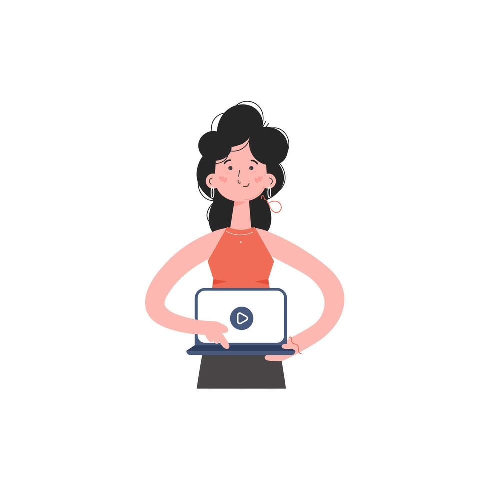 A woman stands up to her waist turns on the video on a laptop. Isolated. Element for presentations, sites. vector