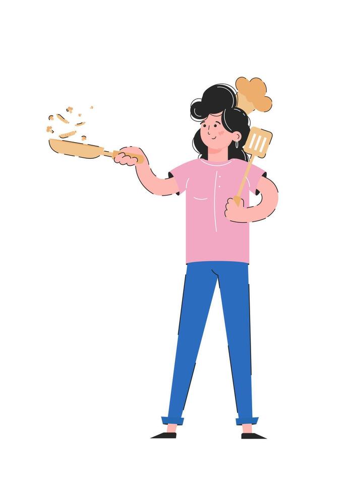 A woman holds a frying pan with food in her hands. Chef concept. Isolated on white background. Trendy vector. vector