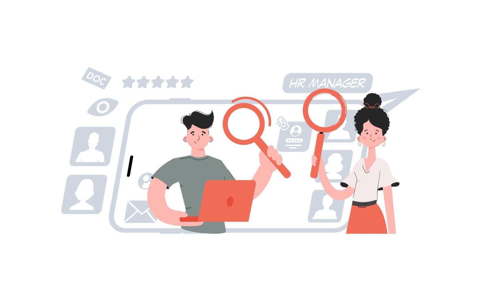 A man and a woman stand with a belt and hold a magnifying glass. Search Element for presentations, sites. vector