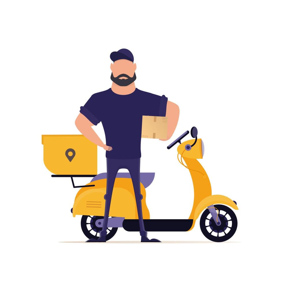 A male courier stands near a scooter and holds a box. Delivery concept. Isolated on a white background. Vector