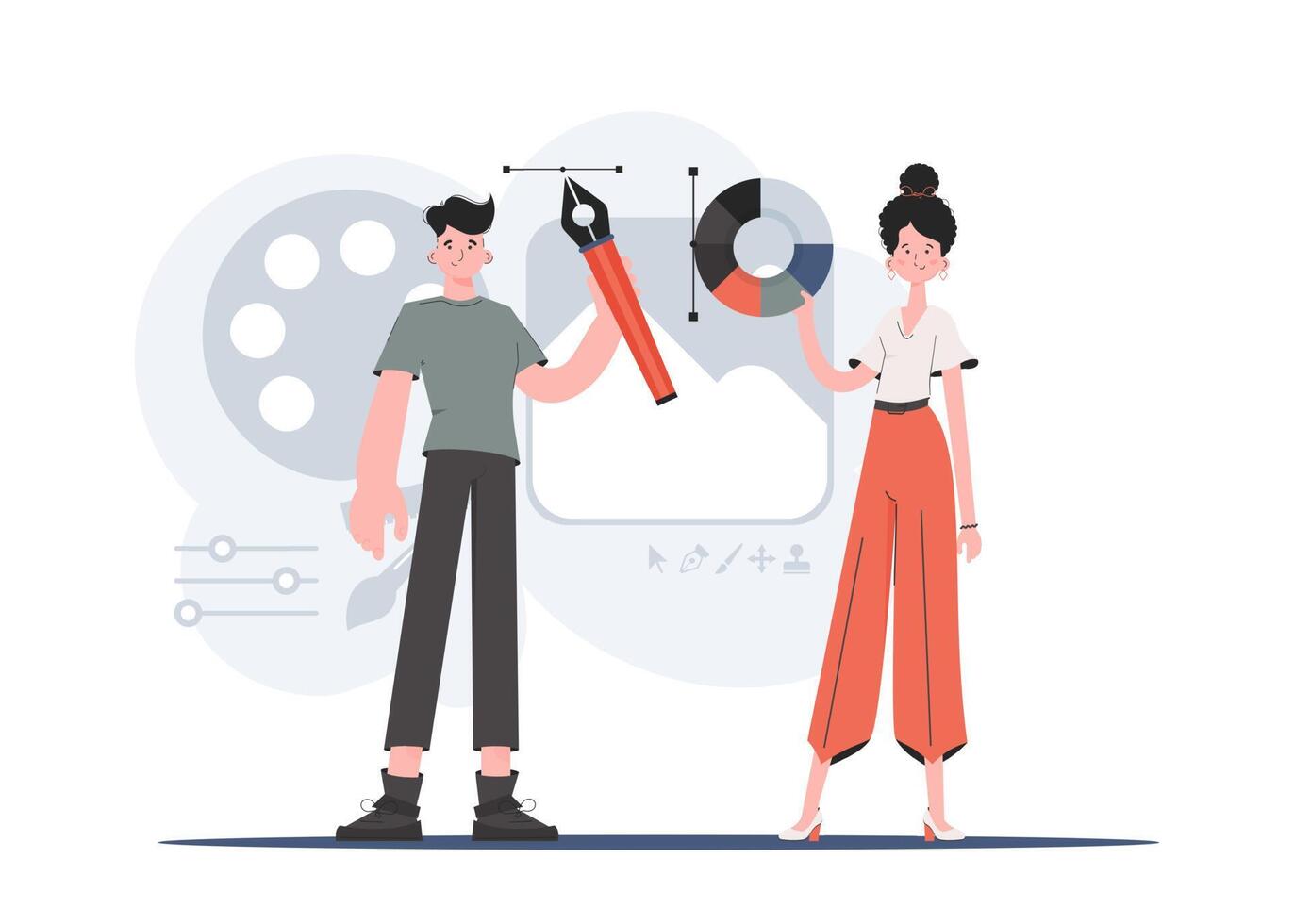 A man and a woman stand in full growth and hold a palette of paints and a brush. Design. Element for presentations, sites. vector
