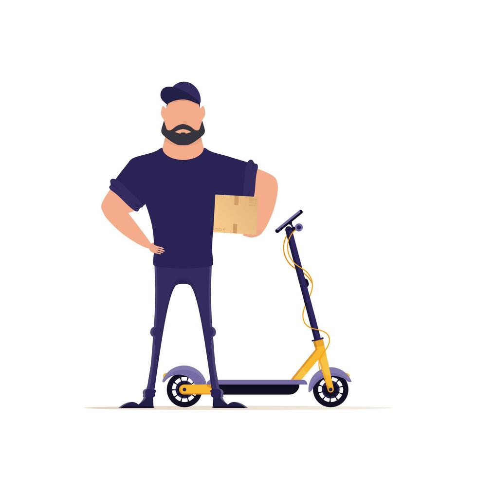 A male courier stands near a scooter and holds a box. Delivery concept. Isolated on a white background. vector