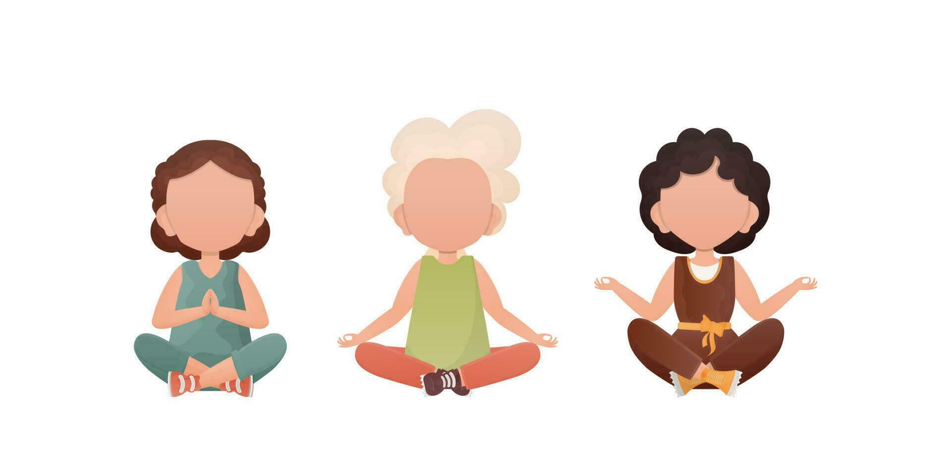 Little girls are meditating. Cute yoga, mindfulness and relaxation. Vector. Set isolated on a white background. vector